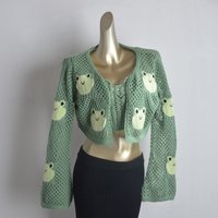 Adorable Green Frog Pattern Knitted Sweater Set Pure Girl Style Short Crop Top Cardigan High Elasticity Warm Long Sleeve Loos...