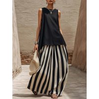 2026 Boho Two Piece Sets Women Casual Solid Sleeveless Tank Top Striped High Waist Skirts Suit Summer Holiday Vacation Outfit