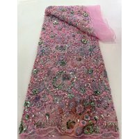 Luxury French 2026 Hand-Embroidered Beaded Lace Fabric 5 Yards African Nigerian Sequins Lace Fabric Bridal Party Dresses