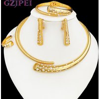 GZJPEI 2025 New Shiny Zircon Jewelry Set Dubai 18K Gold Plated Open Cuff Bracelet Luxury Cubic Zirconia Jewelry Party Gift