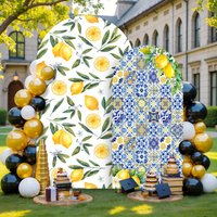 Mediterranean Lemons Tiles Arch Cover Background for Baby Shower Birthday Adult Wedding Porcelain Party Elastic Arched Backdrop