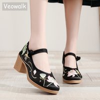 Veowalk – chaussures Style chinois pour femmes, escarpins en tissu de coton satiné à talon bloc de 6cm de haut, confortables et décontractés pour dames, costumes brodés