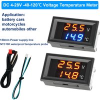 DC 4-28V Voltage Temperature Meter Voltmeter -40-120℃ Thermometer LED Digital Dual-display with NCT10K Probe for Car Motocycle