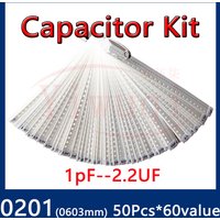 Capacitor kit 0201 1pF-2.2uF 60alues*50PCS=3450pcs smd Capacity package Sample Kit 1nF 10nF 47nF 100nF 220nF 470nF 1uF 2.2uF