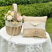 Vintage Burlap Lace Wedding Flower Girl Basket and Ring Pillow with LOVE, for Ceremony Bridal Shower Decor