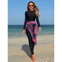 Women Modest Muslim Swimwear Patchwork Sport Long Sleeves Swimsuit 3pcs Islamic Burkini Wear Bathing Suit 2026 New Cover Ups