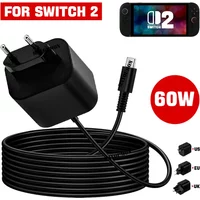 60W EU US UK Plug AC Adapter Charger For Switch 2 2025 USB TypeC 20V/3A Power Supply w 1.5M USB-C Charging Cable Support TV Mode