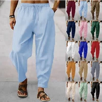 2025 New Spring Summer Men's Casual Loose Haren Pants Cotton Linen Solid Stripe Trousers HipHop Style Male Elastic Waist Pants