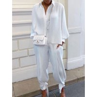 Classic Solid Shirt Pants Set Women Casual Loose Long Sleeved Lapel Elastic Waist Two Piece Suit 2025 New Summer Street Outfit