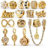 DIY Fine Women Jewelry Gifts Sparkling Golden Safety Chain Round Clip Butterfly Love Stamp Hearts Beads Fit Original Bracelets