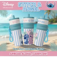 1pc 25oz Disney Stitch & Angel Stainless Steel Tumbler Insulated Travel Mug with Straw Hanging Rope Portable Cup for Outdoor
