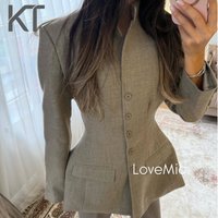 KT 2026 Trendy Women's Taupe Stand Collar Blazer, Hourglass Waist Tailored Jacket Elegant Modern Style Office & Outfit Chic Slim
