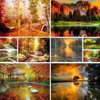 Landscape Golden Autumn Sunset Cross-Stitch Embroidery Complete Kit Sewing Handmade Hobby Handiwork Home Decor Jewelry Counted