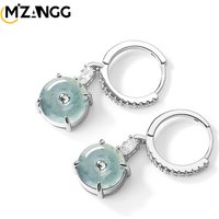 Natural Jadeite Blue Water Peace Buckle Earrings Ice Jade S925 Silver Women's High-grade Fashion Jewellery Mascot