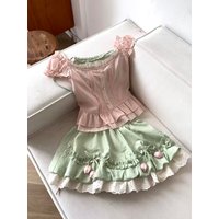 Onalippa Japanese Cute Dopamine Style Green Pink Ruffled Edge Top + Green High-Waisted Short Skirt Summer Two-Piece Set
