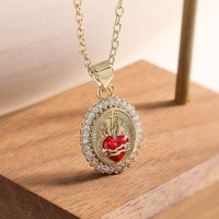 Brass Sacred Heart Red Crystal Necklace Gold Plated Cross Zircon Oval Pendant Necklace Vintage Religious Women Jewelry Gift