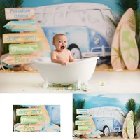 Summer Surfing Spot Backdrops Kids Baby Birthday Cake Smash Props Child Boy Photocall Decors Beach Sand Blue Bus Backgrounds
