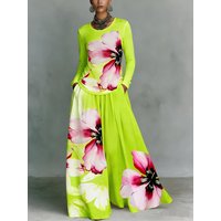 UOOZEE Women's 2 Piece Sets Floral Printed Long Sleeves Tops & Pleated Elastic Waist Wide Leg Pants Boho Vacation Matching Set
