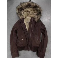 Y2K Fur Lined Bomber Jacket American Vintage Womens Brown Hooded Coat with Faux Fur Trim and Ribbed Cuffs Fashionable and Casual image 4