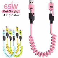 4 in 1 65W Spring Short Data Cable 6A USB Type C Spring Telescopic Quick Charger Wire Spring USB Cable for iPhone 16 15 14 13