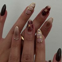 24pcs Smudge Flower Full Cover Nail Gilded Pearl Design Press on Nails Long Almond Reusable False Nails Sets for Woman Fake Nail