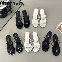 Sweet Heart Rhinestone Kitten Heel Women Slippers Fashion Polka Dot Slip On Dress Slide Elegant Daily Dating Summer Footwear