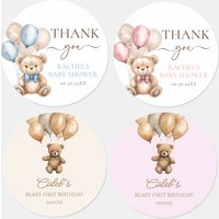 96 personalized circular bear balloon label stickers for 2026 new products, customizable with name and date, thank you bride gif