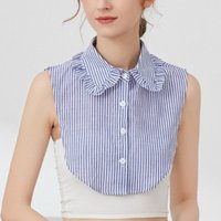 Blue Striped Pleated Fake Collar with Lotus Leaf Lace Detachable Collar Shirt Dickey Half Blouse False Collar for Lady Girls
