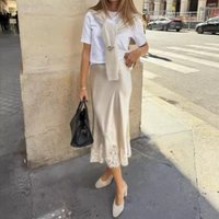 KIDCRKJ Women Silk Satin Half Slip Long Skirts Lace Patchwork Elastic Waist Long Skirt Elegant Silky Flowy A Line Midi Skirts