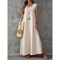 Women's Casual Linen Look Maxi Dress, V-Neck Sleeveless Side Split Loose Long Dress for Beach Vacation