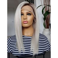 Platinum Ash grey Lace Front Wig Human Hair colored Wig Brazilian Hair Transparent Lace Wigs for women dark root Pre Plucked C