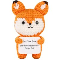 Handmade Crochet Positive Fox Figurine with Inspirational Message Card Cute Orange and White Knit Fox for Home Emotional Support