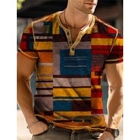 2024 Vintage Men's V-Neck Waffle T-Shirt Patchwork Printed Large Size Men's Short Sleeve Summer Breathable Street T-Shirt Tops