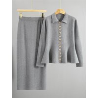 Elegant Women's Casual Knitted 2 Piece Set Polo Neck Single Breasted Button Sweater Conjuntos High Waisted Slim Skirt Outfit