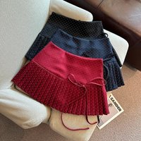 2026 Polka Dot Pleated Skirt Women's Bow Tie A Word Red Skirt