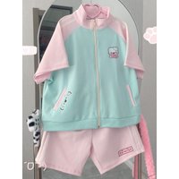 Casual Design Japanese Cute Loose Sports Suit Sweet Kawaii Short Sleeve Fashion Patchwork Summer Short Pants 2-piece Set Women