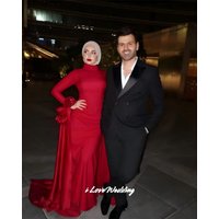 Red Satin Prom Dress 2026 High Neck Long Sleeve Modest Mermaid Evening Gown Formal Muslim Wedding Guest Party Dress Customized