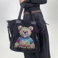 Ladies' fashionable teddy bear diamond embellished shoulder bag with large capacity and shiny rhinestone handbag