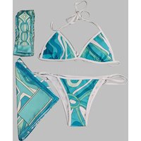 2026 New Luxury Design Women's Blue Scarf Swimsuits with Letter Signature Logo Designer Brand Lady Scarf Bikini Sets Swimwear