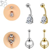 ZS 1PC 14G Stainless Steel Top Down Belly Ring Double Hoop Belly Piercing Reverse Belly Bar Gold Color Barbell Piercing Jewelry