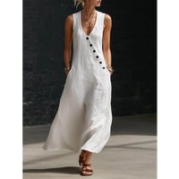 Western Retro V-Neck Button-Up Long Dress Sleeveless Vest Dress Lazy Style Spring Summer Casual Loose Waist Other Material