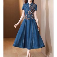 Summer New High End Embroidered Cowboy Dress Women's V-Neck Short Sleeved Temperament Jeans Long Dresses Female Denim Vestidos