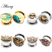 Alisouy 2PCS Stainless Steel Star Moon Sun Skull Cat Butterfly Ear Gauges Tunnels Plugs Expander Stretcher Piercing Body Jewelry