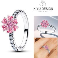 925 Silver Women Rings Pink Six Petal Flower Sparking Zirconium Ring Wedding Rings for Engagement Jewelry Anniversary Gift