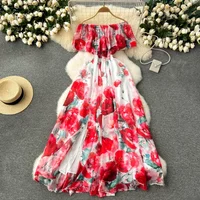 Chic Sexy Off Shoulder Print Ruffle Slash Neck Dress Fairy Print Casual A-line Dress Summer Elegant Beach Vacation Women Dresses