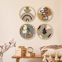 4Pcs Boho 2D Wave Wall Art Round Wooden Hanging Signs Rustic Farmhouse Decor for Living Room Bedroom Aesthetic Wall Decoration