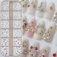 12Grids White Pearl Ball Christmas Nail Charm 3D Round Flatback Pearls Caviar Bead Nail Jewelry Xmas Pearls DIY Nail Accessories
