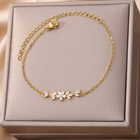 Elegant Zircon Flowers Bracelet For Women Charm Gold Color Stainless Steel Plant Bracelets Luxury Designer Jewelry Gifts