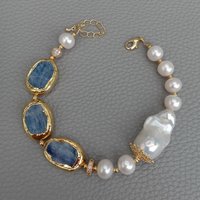 YYGEM Natural 17x23mm Blue Kyanite rectangle Freshwater Cultured White Keshi Pearl Bracelet