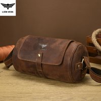 LION VERA Men's Shoulder Bag Large Capacity Retro Crazy Horse Leather Crossbody Postman Pillow Cylindrical Leather Zipper Bag